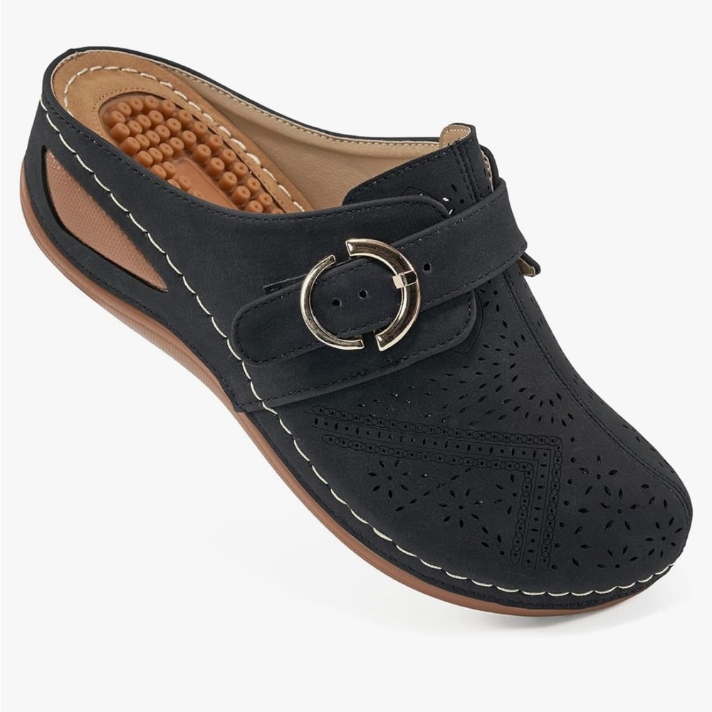 Alicegana size 40 black Mules Wedge Casual Slip On Shoes Closed Toe buckle
